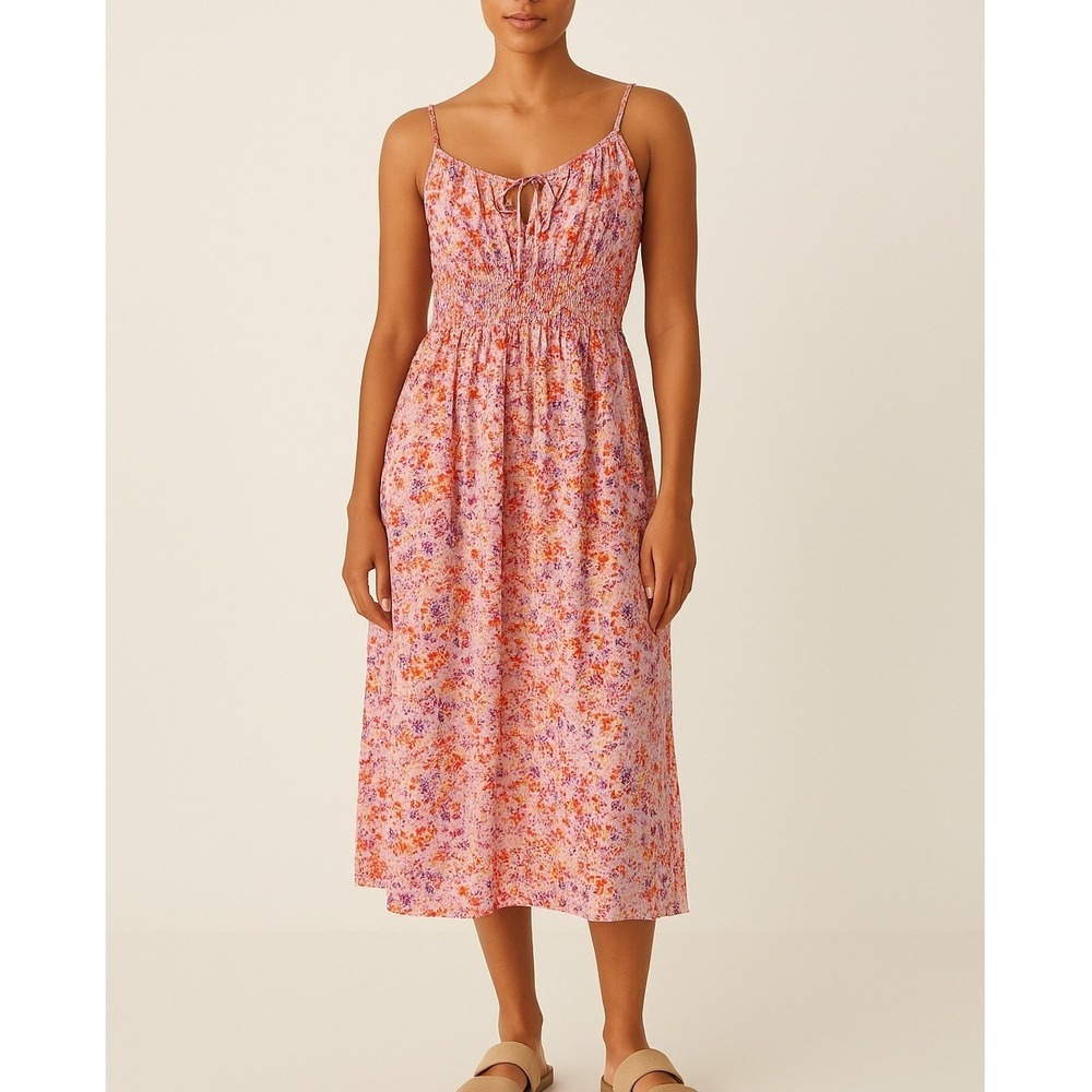 H&M Babydoll Floral Sleeveless Pink Midi Dress Smocked M Cottage Resort Vacation